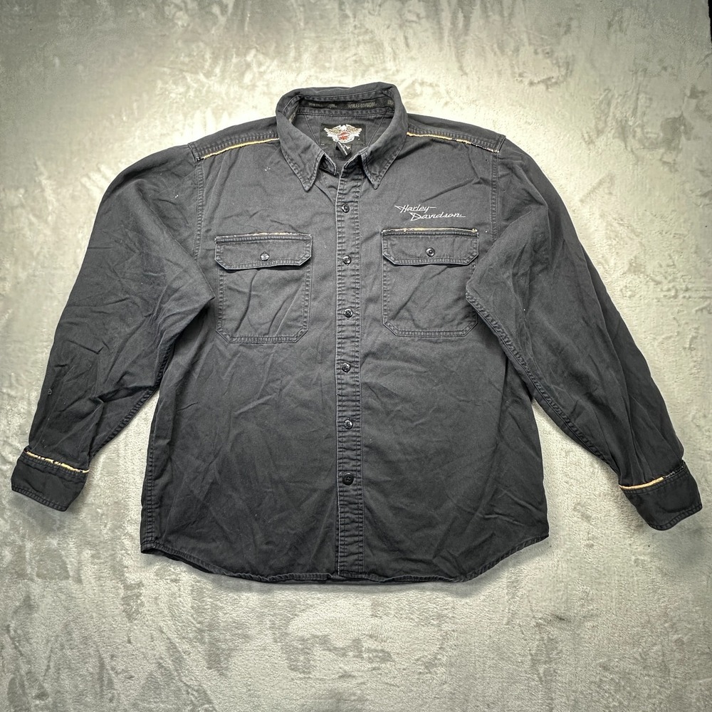 Vintage Harley Davidson Shirt Mens Large Black Retro Streetwear Y2K Button Up